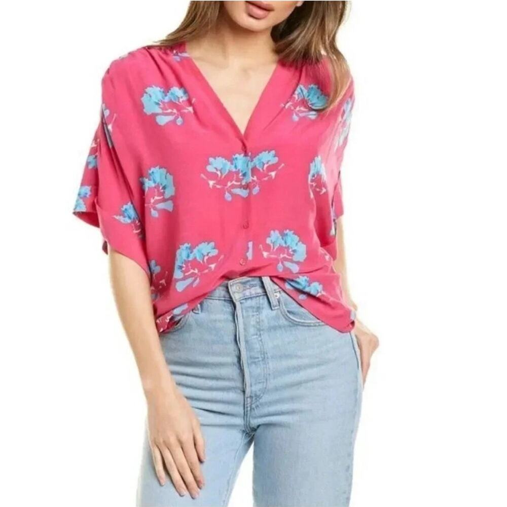 Maje Floral Button Down Blouse Women Size 1 S Pink Blue EUC Short Sleeve Shirt